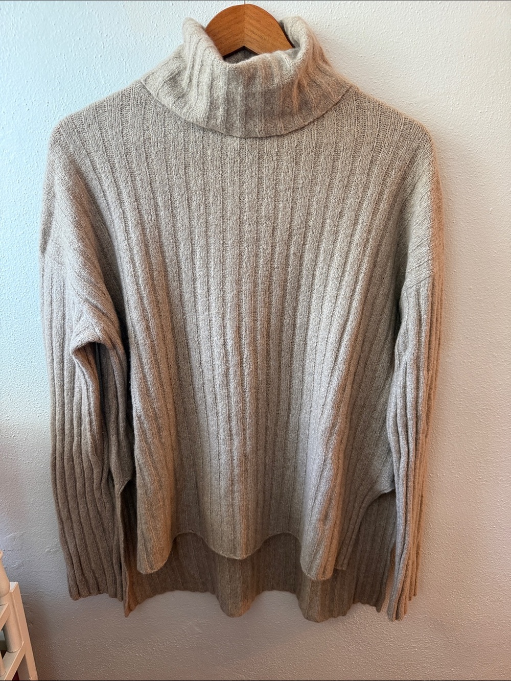 Nili Lotan Ribbed Turtleneck Sweater - Light Beige oversized hi low slit xs